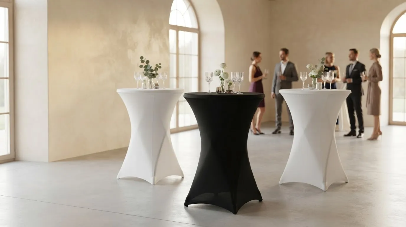 Bele in črne stoječe barske mize na elegantnem dogodku