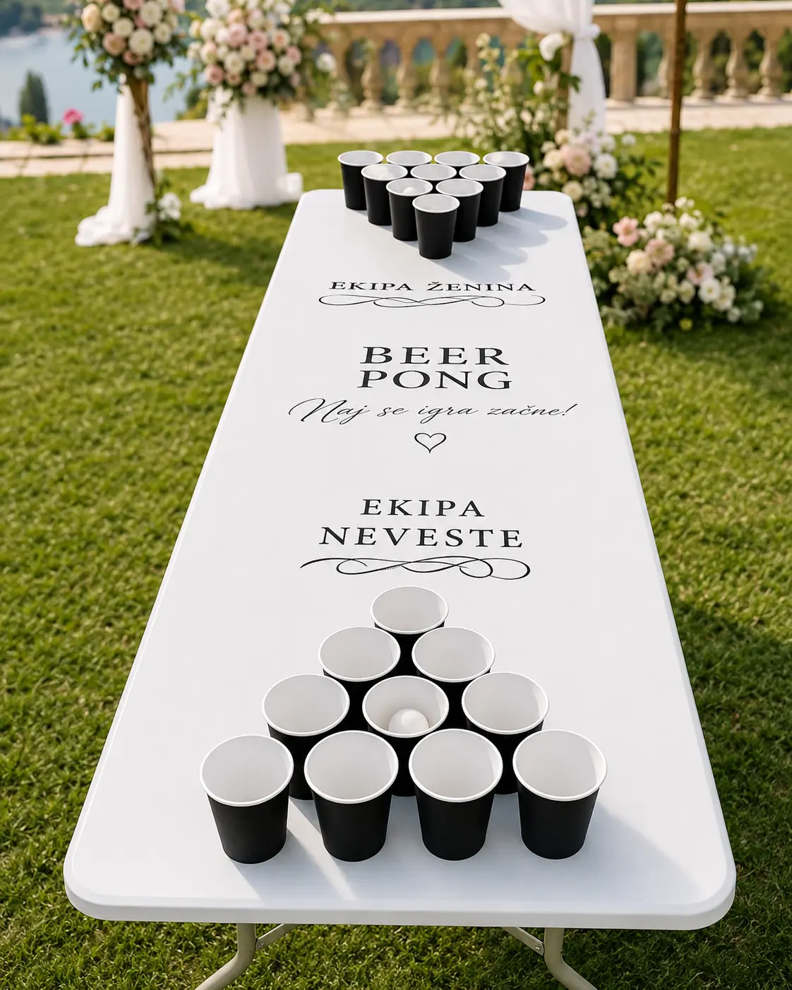 Bela poročna beer pong miza za ekipi neveste in ženina s kozarci