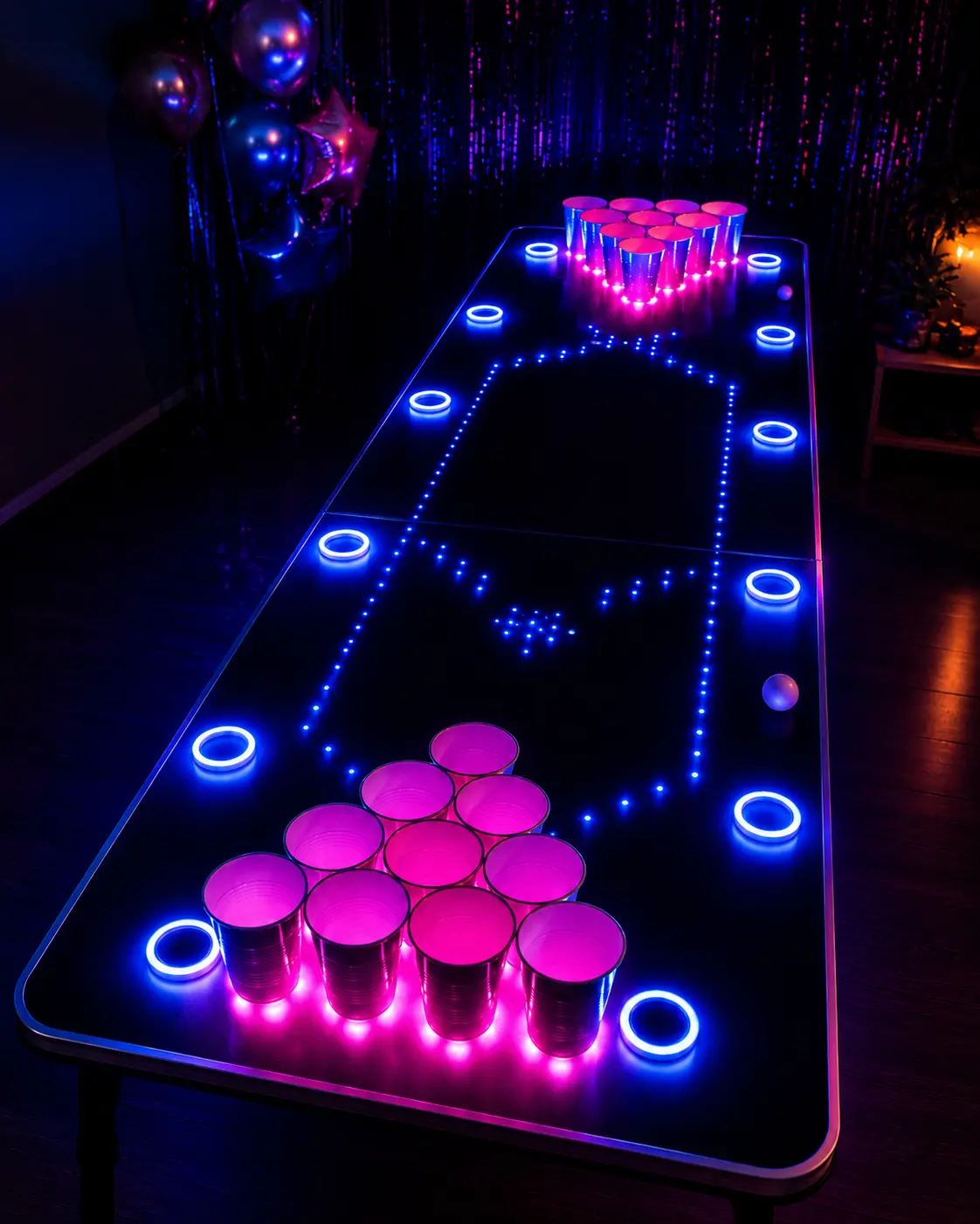 LED beer pong miza z modro in rožnato osvetlitvijo ter kozarci