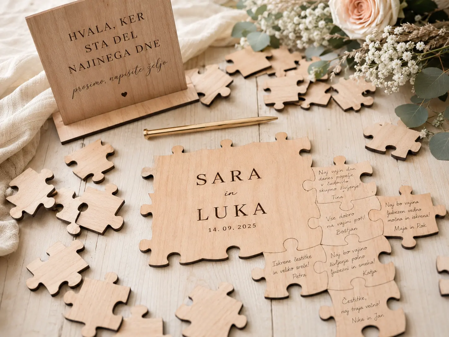Poročni puzzle kot knjiga gostov z lesenimi koščki za voščila
