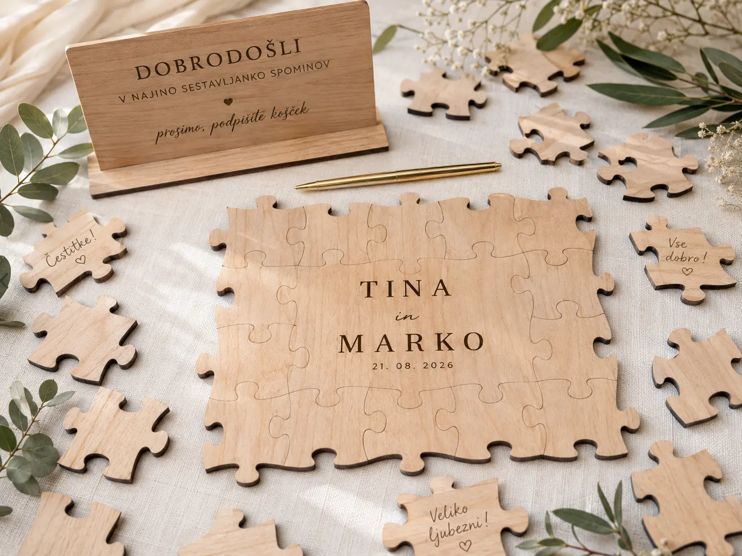 Personaliziran leseni poročni puzzle z imenoma, datumom in tablico z navodilom