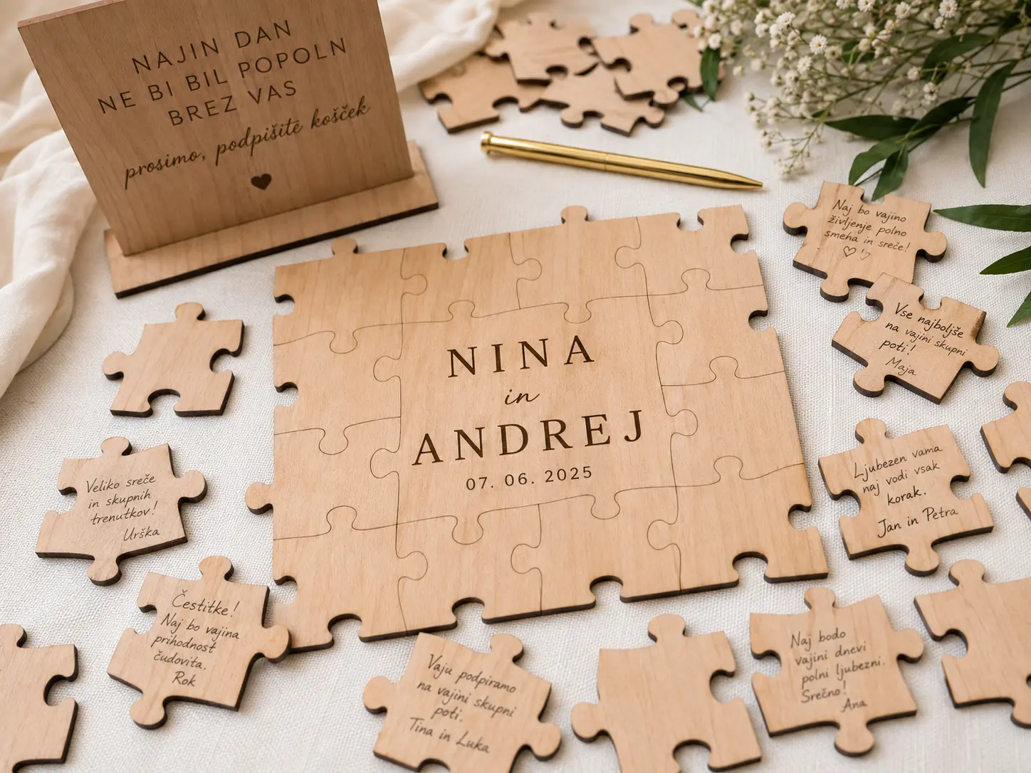 Leseni poročni puzzle z gravuro imen Nina in Andrej ter podpisanimi koščki