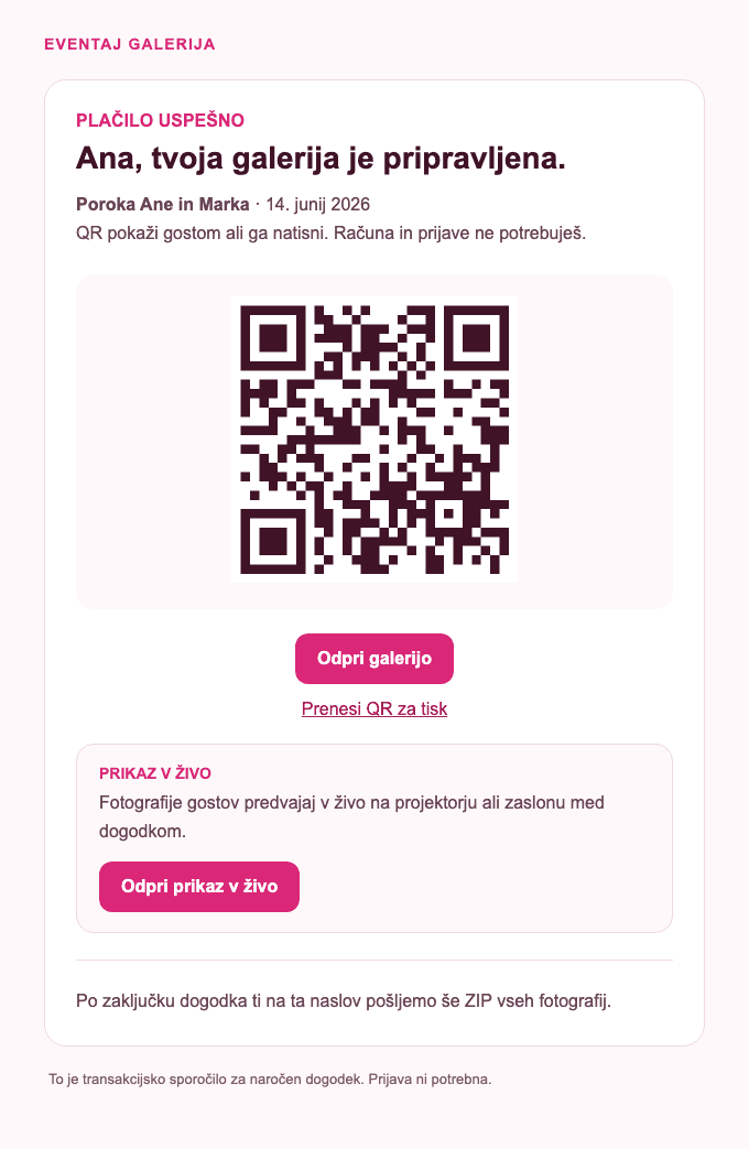E-pošta s povezavo za nastavitev dogodka in QR kodo
